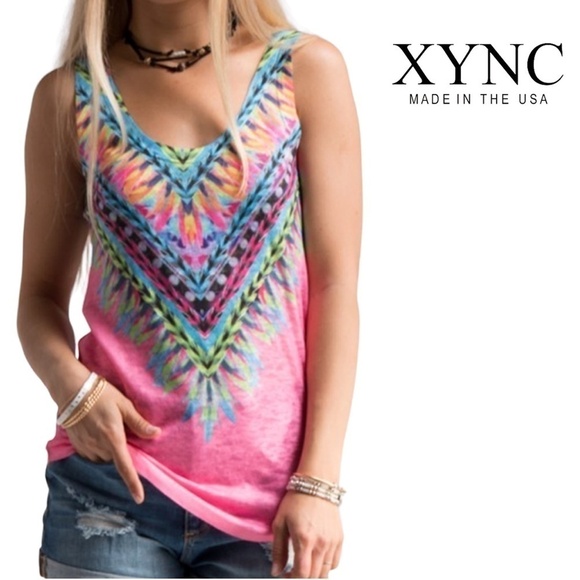 Xync Pink Multi Top Tank Shirt Bold Geometric Graphic Tie Dye print NIP - Picture 1 of 8